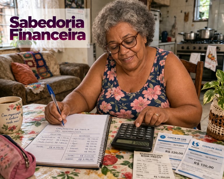 Idosa revisando documentos financeiros e contas em casa com calculadora, praticando educação financeira do Sabedoria Financeira